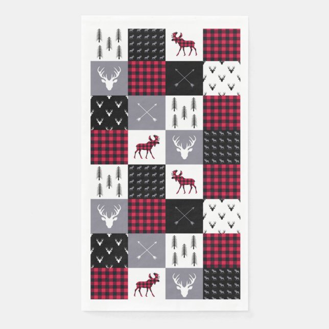 Rustikales Buffalo Kariertes Patchwork Rotes Weihn Serviette (Vorderseite)