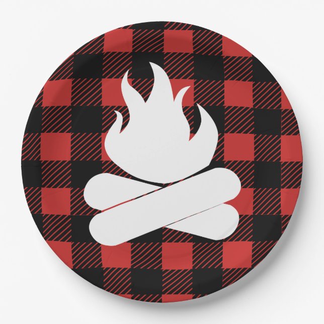 Rustikales Buffalo Karo Kariert & Campfire Pappteller (Vorderseite)