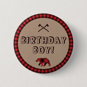 Rustikales Büffel-Karo-Lumberjack-Geburtstagsjunge Button