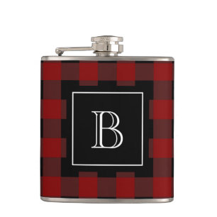 Rustikales Büffel-Karo-Lumberjack-Monogramm Anfang Flachmann