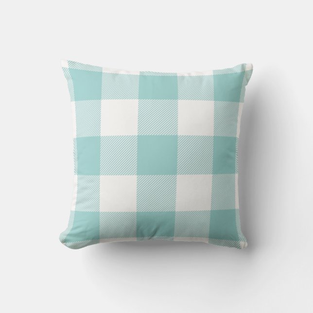 Rustikales Büffel-Karo-Muster-Pastell-Aqua Kissen (Vorderseite)
