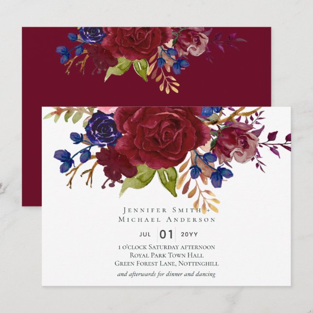 Rustikales Burgund Blue Floral Budget Hochzeit ein (Vorne/Hinten)