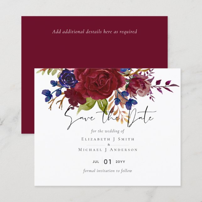 Rustikales Burgund Blue Floral Budget Hochzeit ein (Vorne/Hinten)