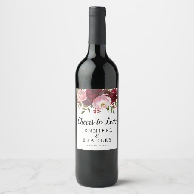 Rustikales Burgund Blush Bloral jubelt Liebe Weinetikett (Vorderseite)
