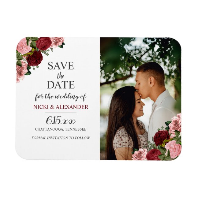 Rustikales Burgund Blush Pink Bloral Wedding Rett  Magnet (Horizontal)