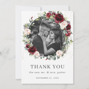 Rustikales Burgund Blush Pink Floral Wedding Foto Dankeskarte