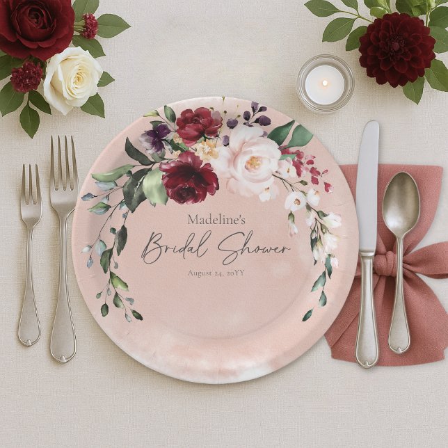 Rustikales Burgund & Blush Pink Roses Brautparty Pappteller (Rustic Burgundy & Blush Pink Roses Bridal Shower Paper Plates)