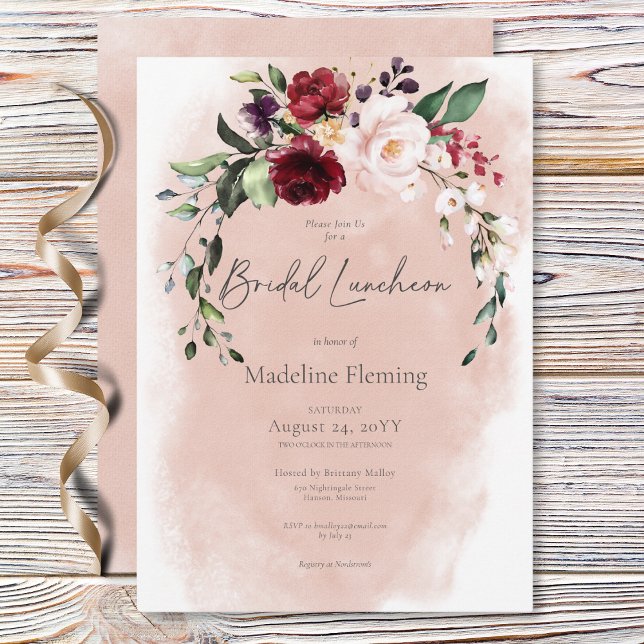 Rustikales Burgund & Blush Pink Roses Bridal Lunch Einladung (Rustic Burgundy & Blush Pink Roses Bridal Luncheon Invitation)