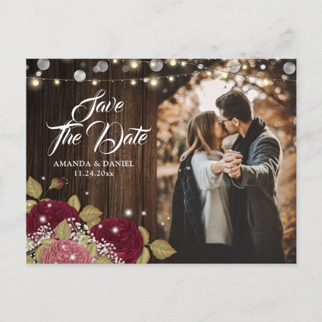 Rustikales Burgund Blush Wedding Foto Save the Dat Ankündigungspostkarte (Vorderseite)