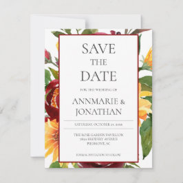 Rustikales Burgund-Blütengelb-Gelb-Sonnenblumen Save The Date