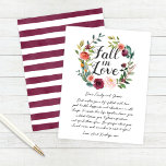 Rustikales Burgund Fall von Liebe Blumenreath Hinweiskarte<br><div class="desc">Die stilvolle Hochzeitsratenkarte "Fall in Liebe" bietet einen rustikalen Kranz aus Blume mit Unterwasserfarbe,  Rose,  Dahlien,  Blume aus Torfmotiven und Grünpflanzen in einer herrlichen Herbstpalette aus Bordeaux,  Golden Gelb,  Rosa und Grüntönen. Die Rückseite der Karte wird mit einem sich absetzenden bordeauxfarbenen Streifen-Muster bedeckt.</div>