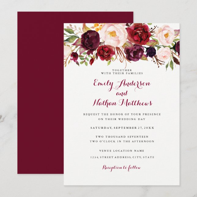 Rustikales Burgund-Flora-Hochzeitsempfang Einladung (Vorne/Hinten)