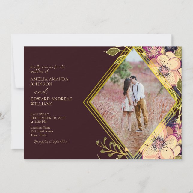 Rustikales Burgund-Flora-Hochzeitsempfang Einladung (Vorderseite)