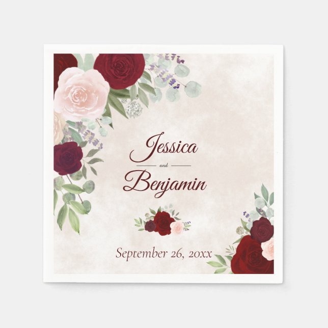 Rustikales Burgund-Floral auf Dusty Rose Wedding Serviette (Vorderseite)