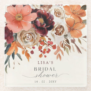 Rustikales Burgund Floral Fall Brautparty Glasuntersetzer