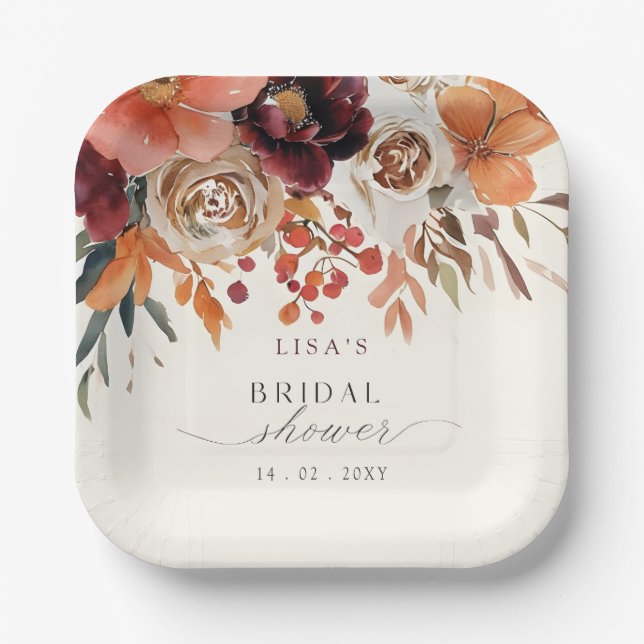 Rustikales Burgund Floral Fall Brautparty Pappteller (Vorderseite)