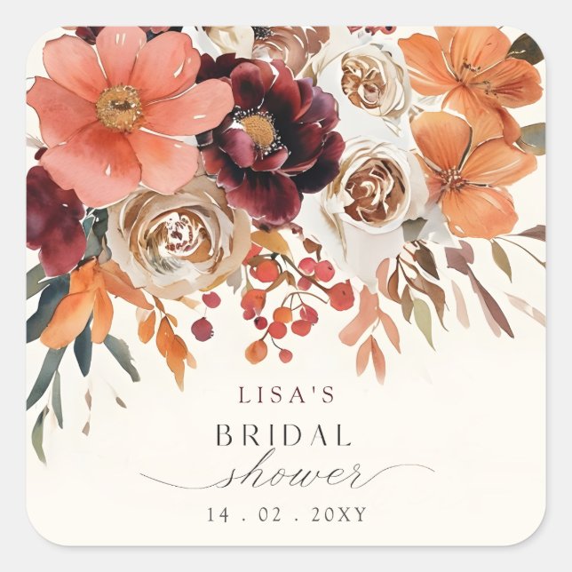 Rustikales Burgund Floral Fall Brautparty Quadratischer Aufkleber (Vorderseite)