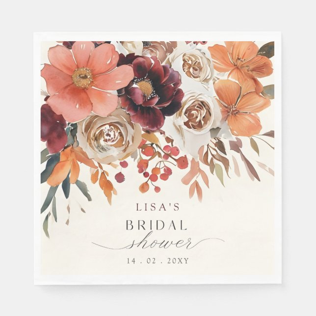 Rustikales Burgund Floral Fall Brautparty Serviette (Vorderseite)