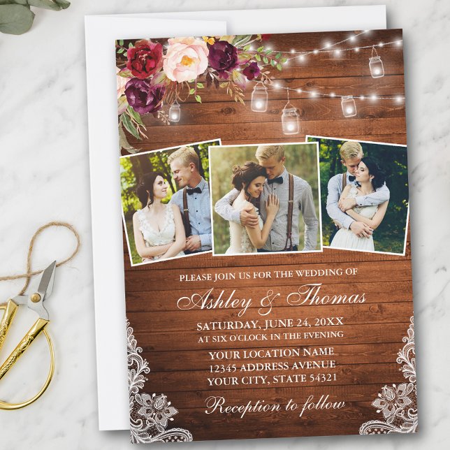 Rustikales Burgund Floral Jar Lights 3 Foto Weddin Einladung (Customize to add more text or more photos to back of card.)