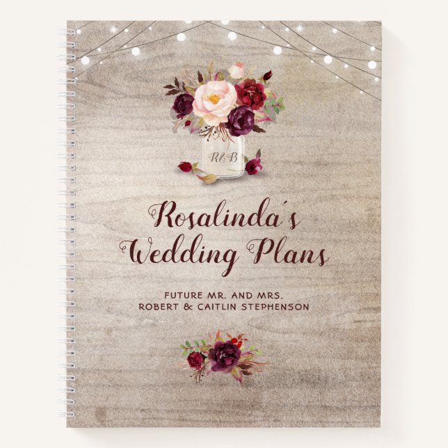 Rustikales Burgund Floral Mason Jar Hochzeitspläne Notizbuch (Vorderseite)