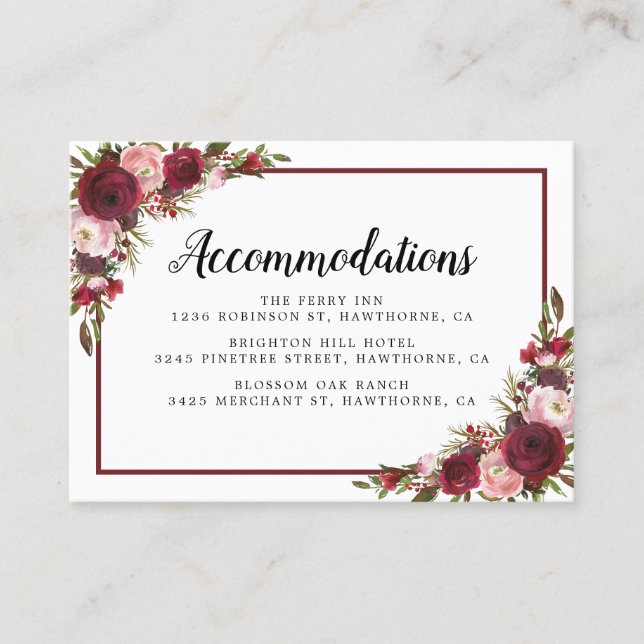Rustikales Burgund Floral Wedding Hotel Unterkunft Visitenkarte (Vorderseite)
