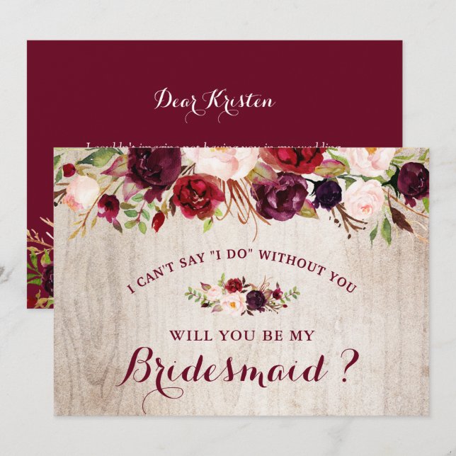 Rustikales Burgund Floral werden Sie meine Brautju Einladung (Vorne/Hinten)