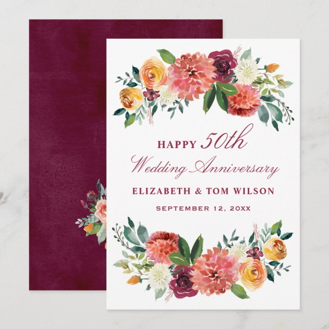 Rustikales Burgund florales Happy Wedding Annivers Einladung (Vorne/Hinten)