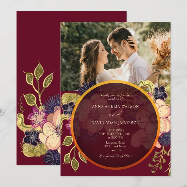 Rustikales Burgund-Foto Hochzeit einladen Einladung (Vorne/Hinten)