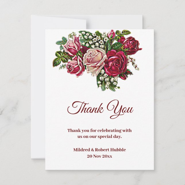 Rustikales Burgund-Maroon-Rose Hochzeit Dankeskarte (Vorderseite)