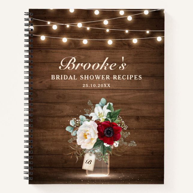 Rustikales Burgund Mason Jar Brautparty Rezepte Notizbuch (Vorderseite)