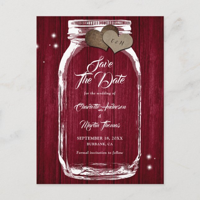 Rustikales Burgund Mason Jar Wedding speichern das Ankündigungspostkarte (Vorderseite)