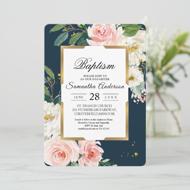 Rustikales Burgund Navy Blue & Pink Floral Gold Fr Einladung (Stehend Vorderseite)