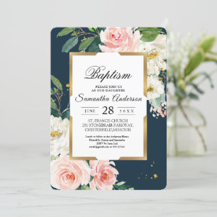 Rustikales Burgund Navy Blue & Pink Floral Gold Fr Einladung