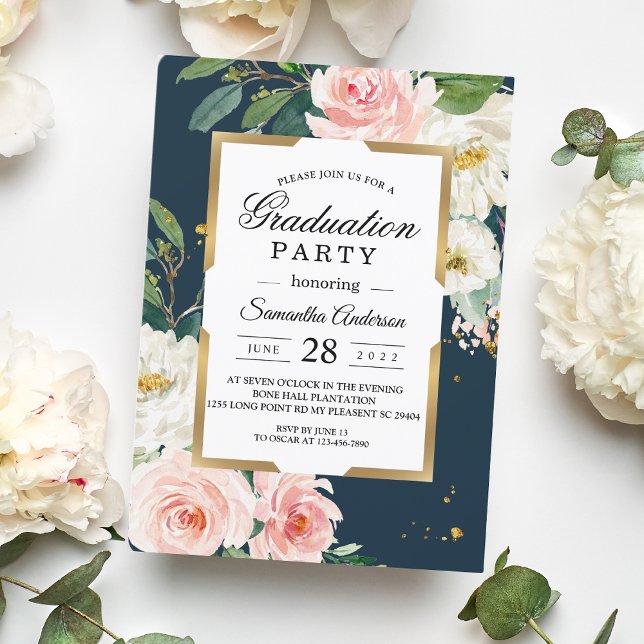 Rustikales Burgund Navy Blue & Pink Floral Gold Fr Einladung (Von Creator hochgeladen)