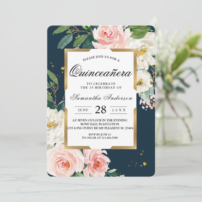 Rustikales Burgund Navy Blue & Pink Floral Gold Fr Einladung (Stehend Vorderseite)