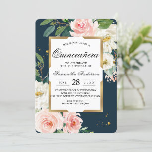 Rustikales Burgund Navy Blue & Pink Floral Gold Fr Einladung