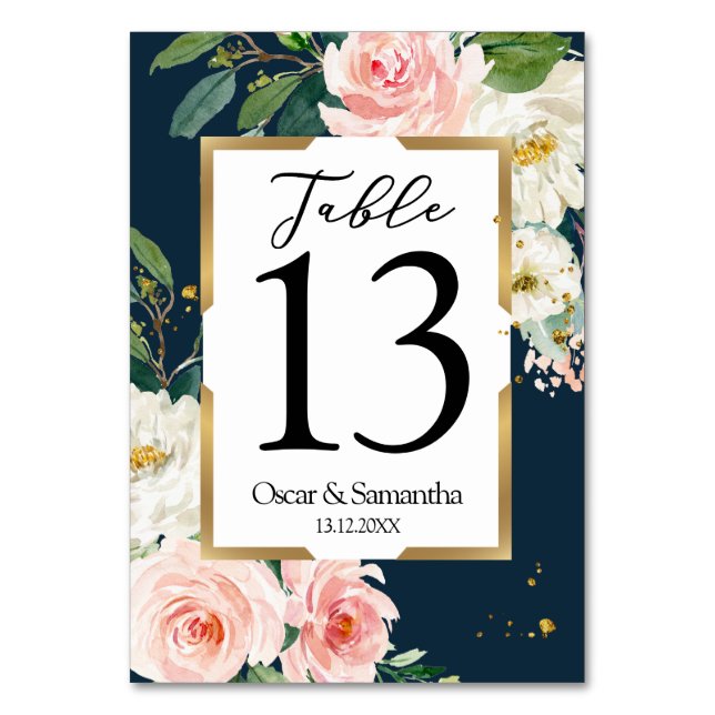 Rustikales Burgund Navy Blue & Pink Floral Gold Fr Tischnummer (Vorderseite)