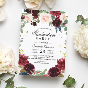 Rustikales Burgund Navy Blue & Red Blume Frame Einladung