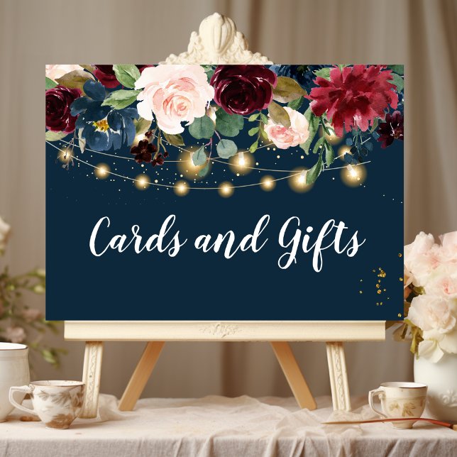 Rustikales Burgund Navy Blue & Red Blume & Lights Poster (Von Creator hochgeladen)