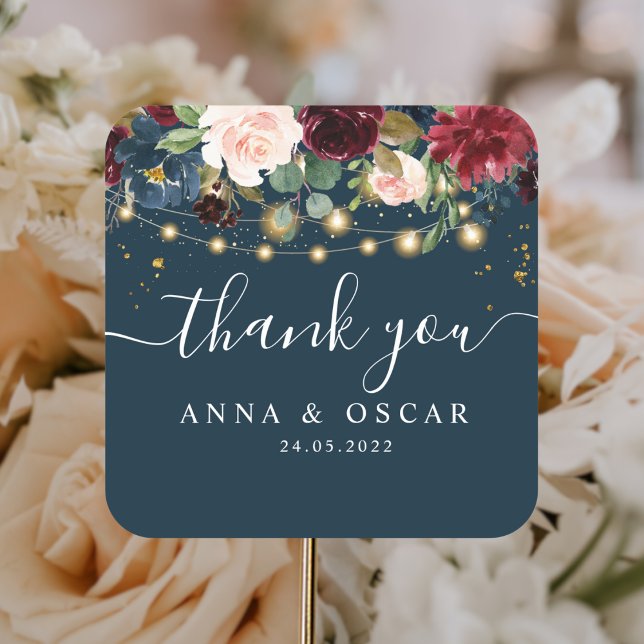 Rustikales Burgund Navy Blue & Red Blume & Lights Quadratischer Aufkleber (Von Creator hochgeladen)