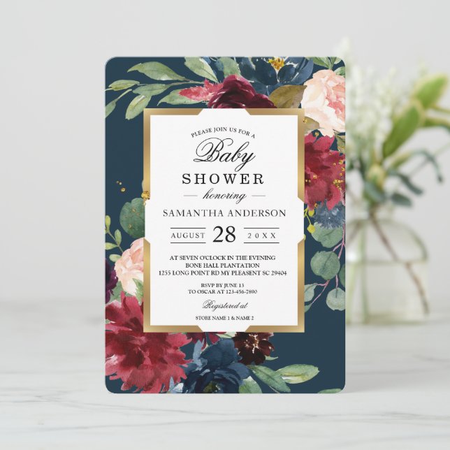 Rustikales Burgund Navy Blue & Red Floral Gold Fra Einladung (Stehend Vorderseite)