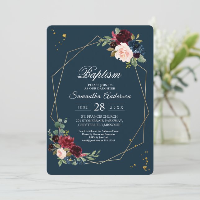 Rustikales Burgund Navy Blue & Red Gold Blume Fram Einladung (Stehend Vorderseite)