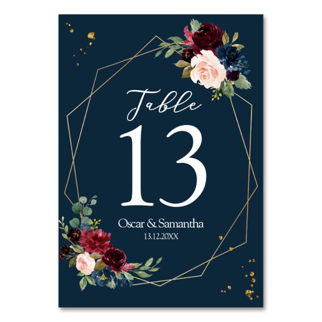 Rustikales Burgund Navy Blue & Red Gold Blume Fram Tischnummer (Vorderseite)