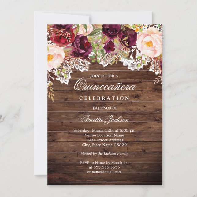 Rustikales Burgund Peach Floral Quinceanera Einladung (Vorderseite)