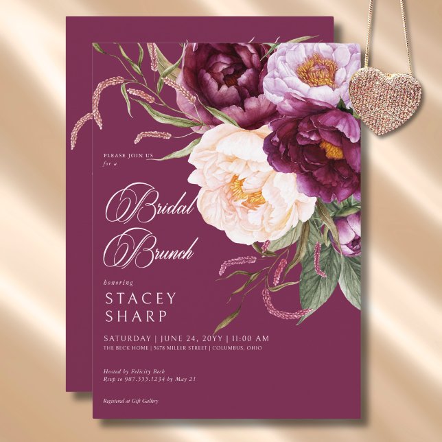 Rustikales Burgund & Pink Peonies Bridal Brunch Einladung (Rustic Burgundy & Pink Peonies Bridal Brunch Invitation)