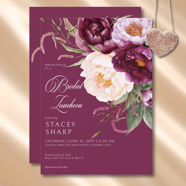 Rustikales Burgund & Pink Peonies Bridal Luncheon Einladung (Rustic Burgundy & Pink Peonies Bridal Luncheon Invitation)