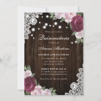 Rustikales Burgund Rosa Rosa Floral Quinceñera Einladung