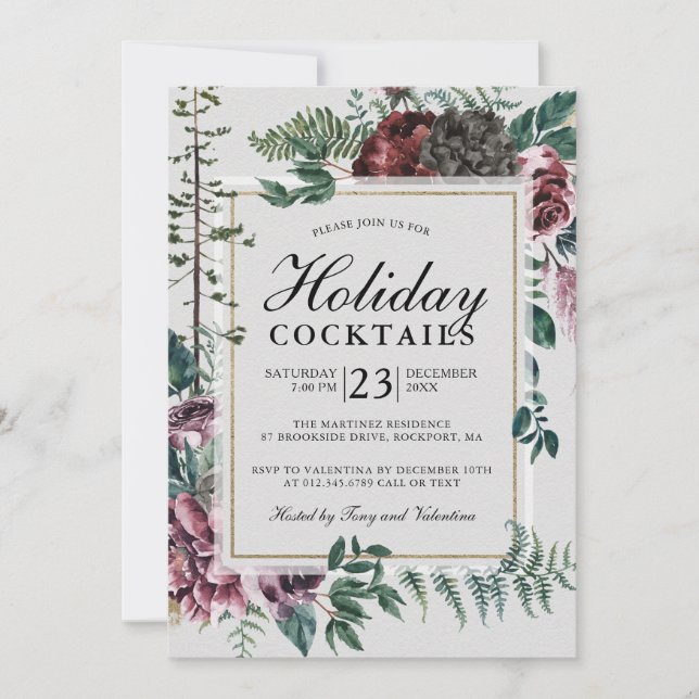 Rustikales Burgund Rote Flora Holiday Cocktails Einladung (Vorderseite)