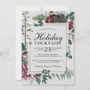 Rustikales Burgund Rote Flora Holiday Cocktails Einladung