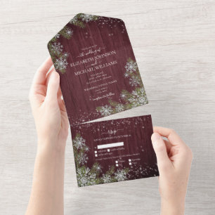 Rustikales Burgund Silver Winter Wood Wedding +Men All In One Einladung